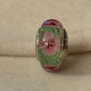 Green Murano Glass charm with pink topical flowers accent fit Pandora